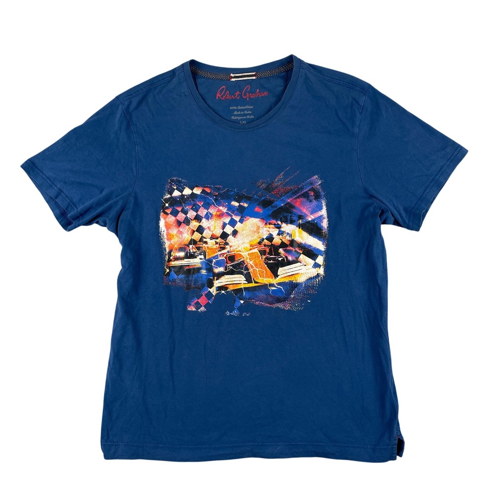 Robert Graham Shirt Mens L Blue Short‎ Sleeve Graphic Crewneck Casual Designer